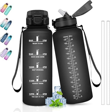 Botella Agua, Botella 1 5 litros, Botella Agua Gimnasio, A Prueba de Fugas, Botella con Pajita, Botella Reutilizable, Fácil de Limpiar, Cantimplora para la Yoga, Correr, Ciclismo, Senderismo, Negro